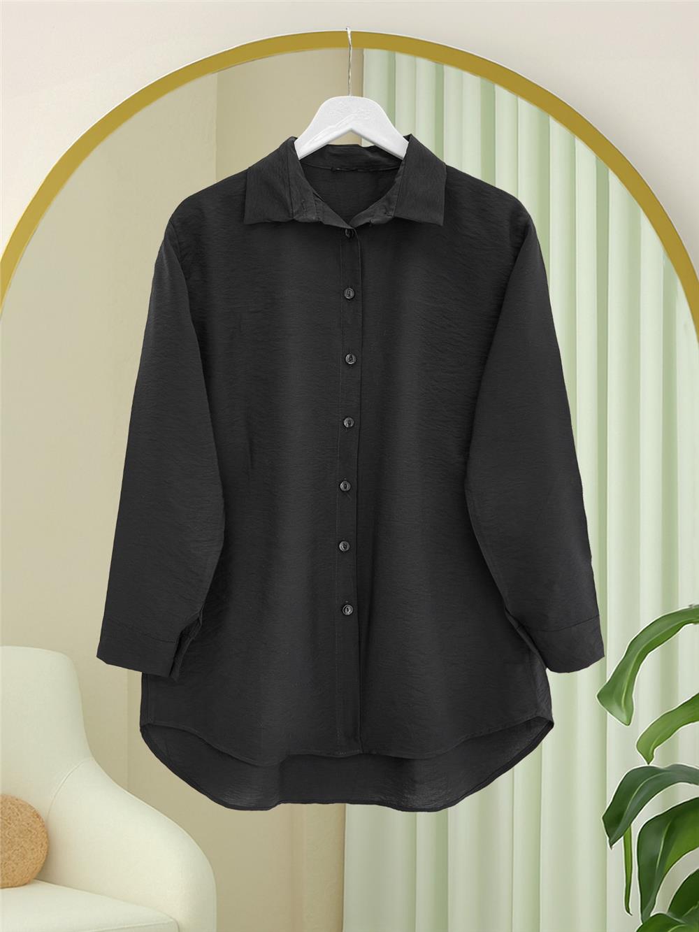 Arkası Uzun Düğmeli Poplin Gömlek -Siyah-349-60001-R01