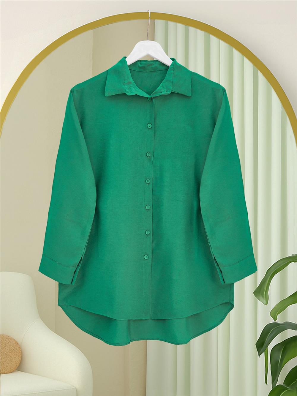 Arkası Uzun Düğmeli Poplin Gömlek -Yeşil-349-60001-R35