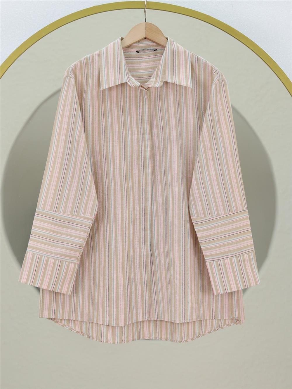 Oversize Shirt with Long Embossed Stripes on the Back - Mink-370-34244-R23