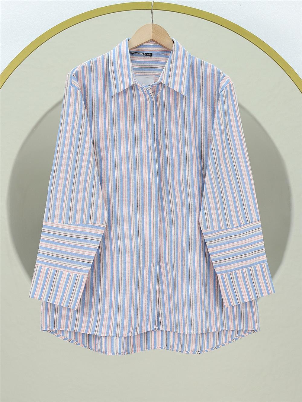 Oversize Shirt with Long Embossed Stripes on the Back - Blue-370-34244-R31
