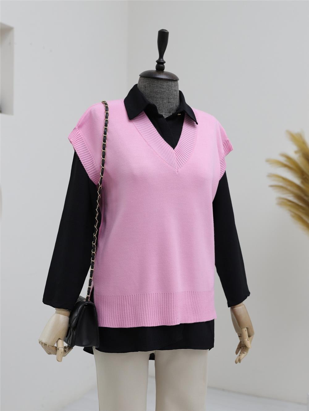 Long V-Neck Slit Sweater on the Back - Powder-109-9980-R06