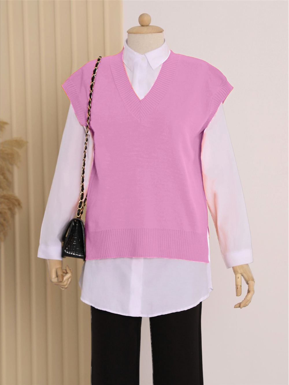 Long V-Neck Slit Sweater on the Back - Powder-109-9980-R06