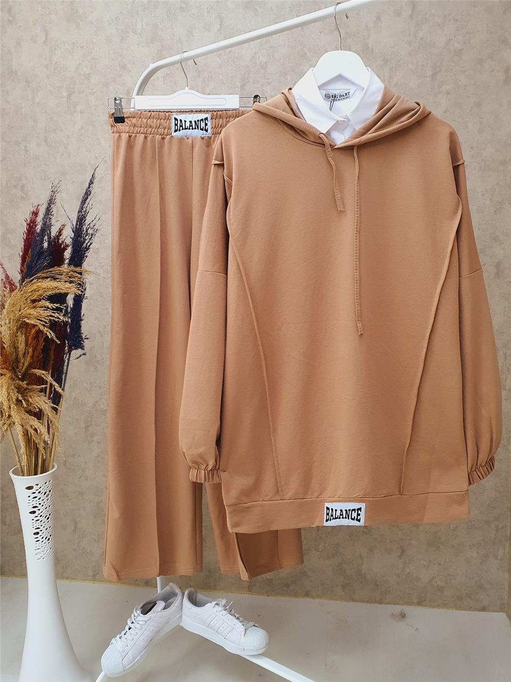 Embroidery Detailed Hooded Combed Cotton Suit -Mink Color-253-12816-R23