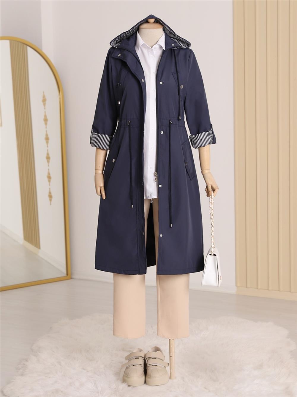 Lined Trench Coat -Navy Blue-148-2181-R03