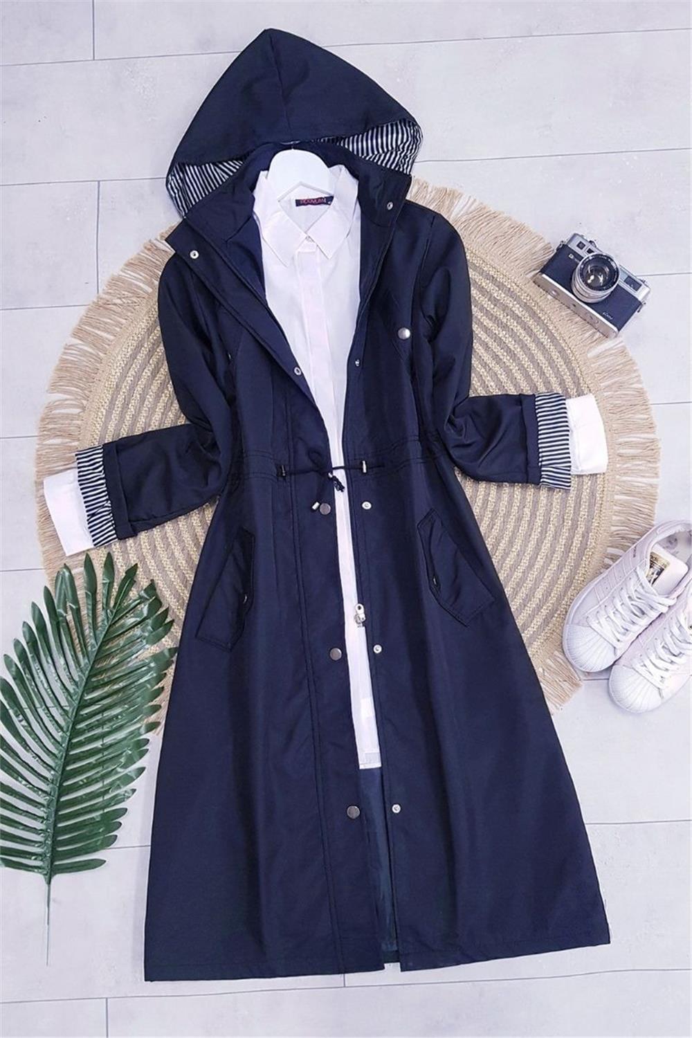 Lined Trench Coat -Navy Blue-148-2181-R03