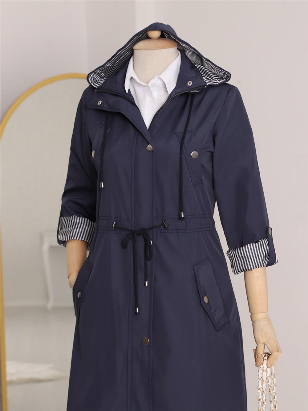 Lined Trench Coat -Navy Blue-148-2181-R03
