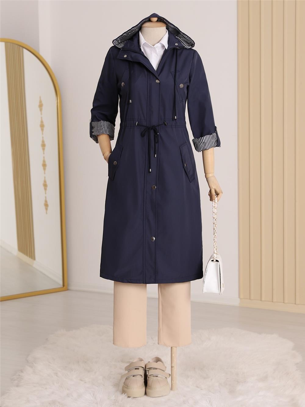 Lined Trench Coat -Navy Blue-148-2181-R03