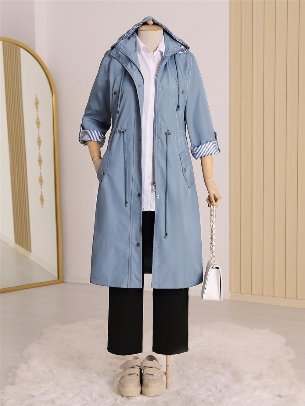 Astarı Çizgili Trençkot -Blue-148-2181-R31