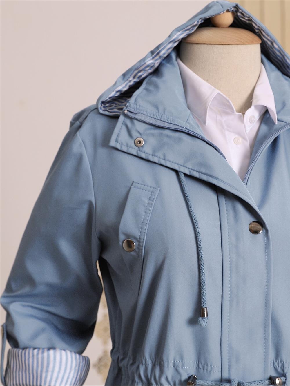 Astarı Çizgili Trençkot -Blue-148-2181-R31