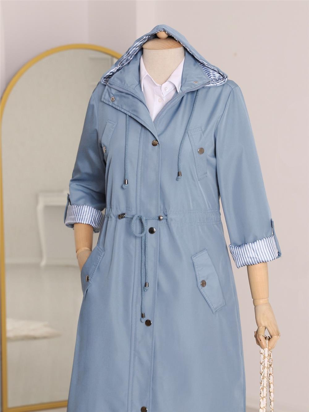 Astarı Çizgili Trençkot -Blue-148-2181-R31