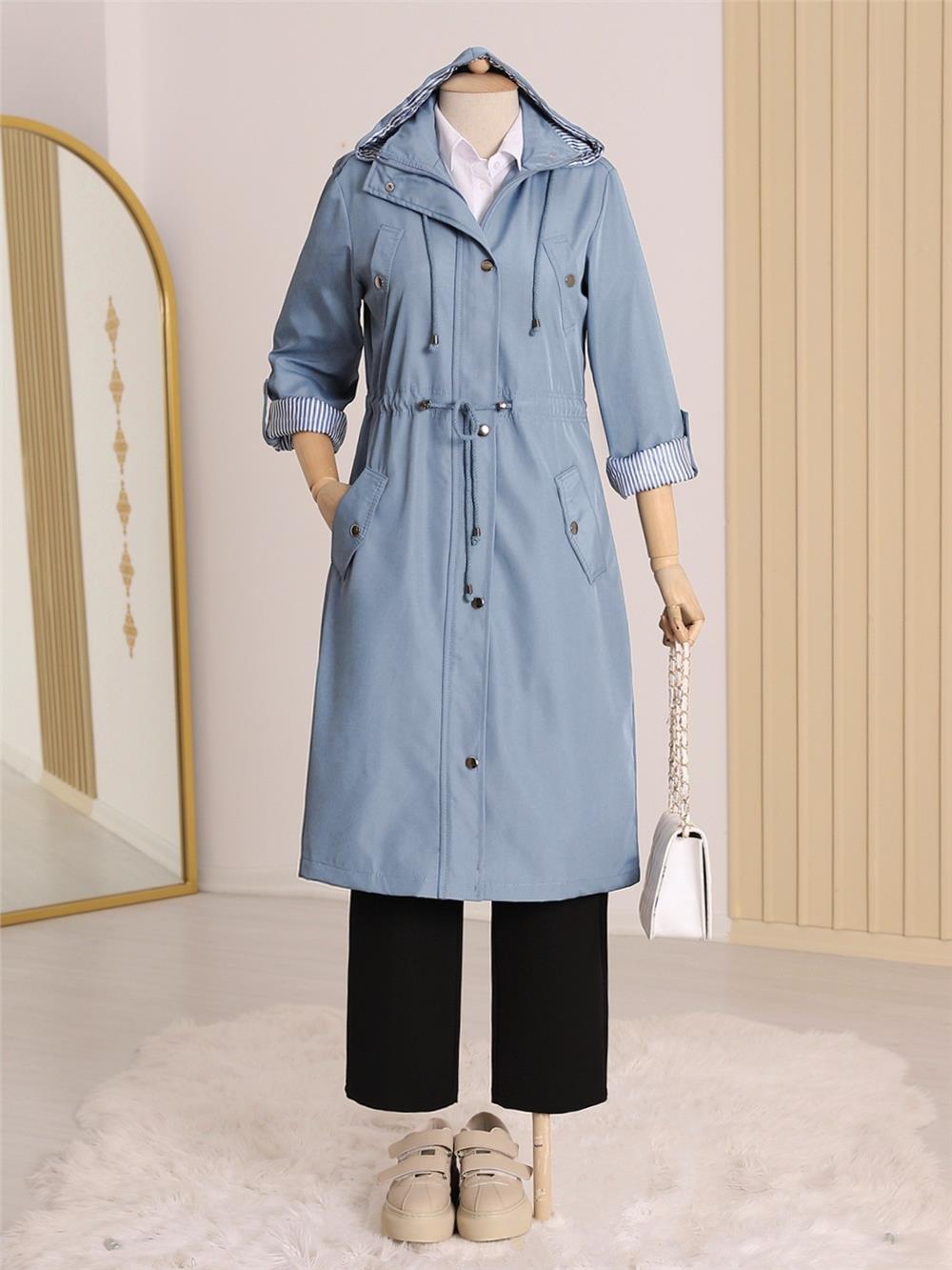 Astarı Çizgili Trençkot -Blue-148-2181-R31