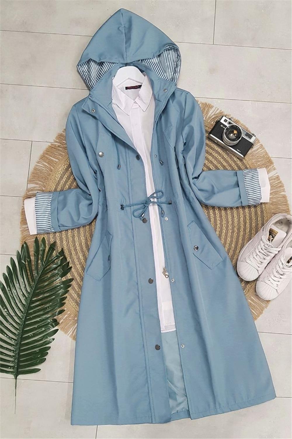 Astarı Çizgili Trençkot -Blue-148-2181-R31