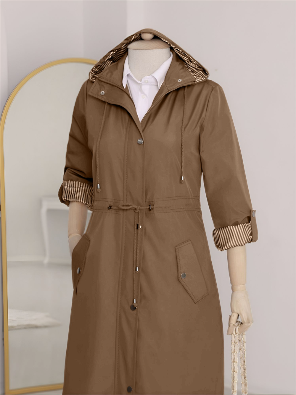Astarı Çizgili Trençkot  -Taba-148-2129-R12