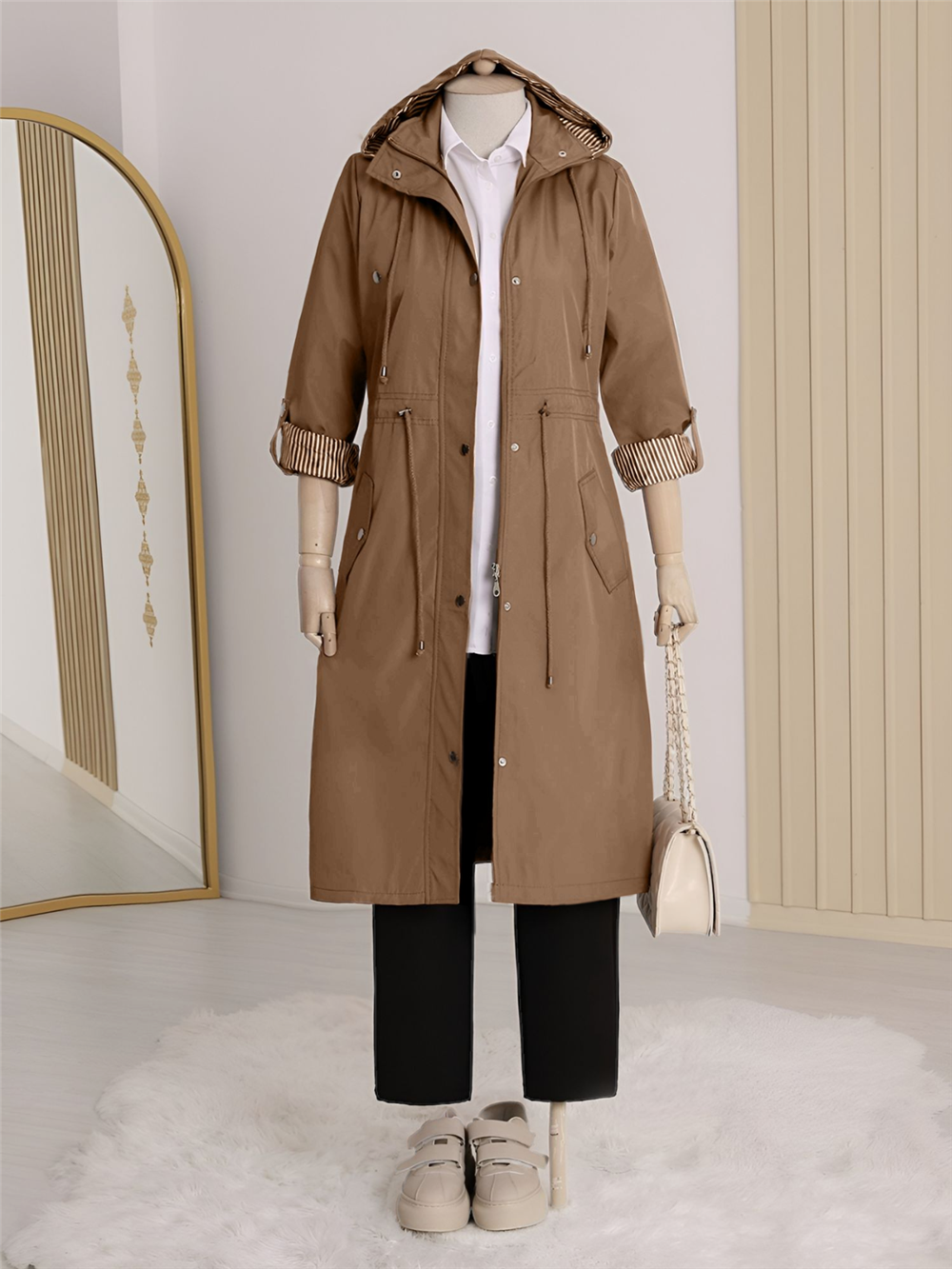 Astarı Çizgili Trençkot  -Taba-148-2129-R12