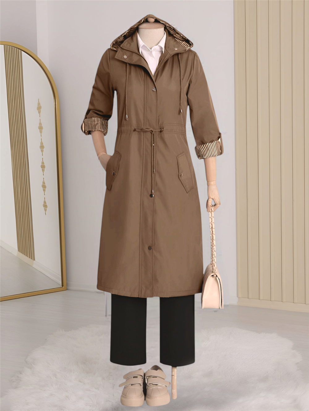 Astarı Çizgili Trençkot  -Taba-148-2129-R12