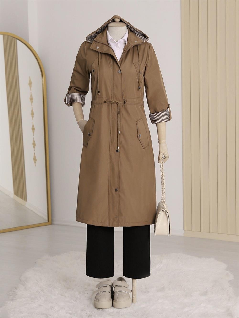 Astarı Çizgili Trençkot        -Taba-148-2181-R12