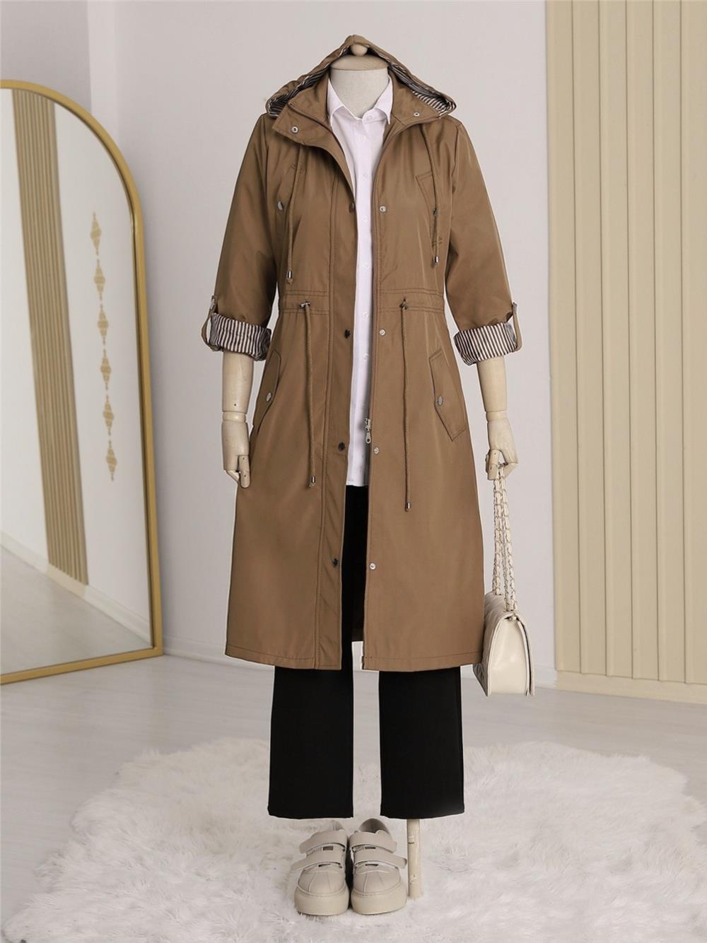 Astarı Çizgili Trençkot        -Taba-148-2181-R12