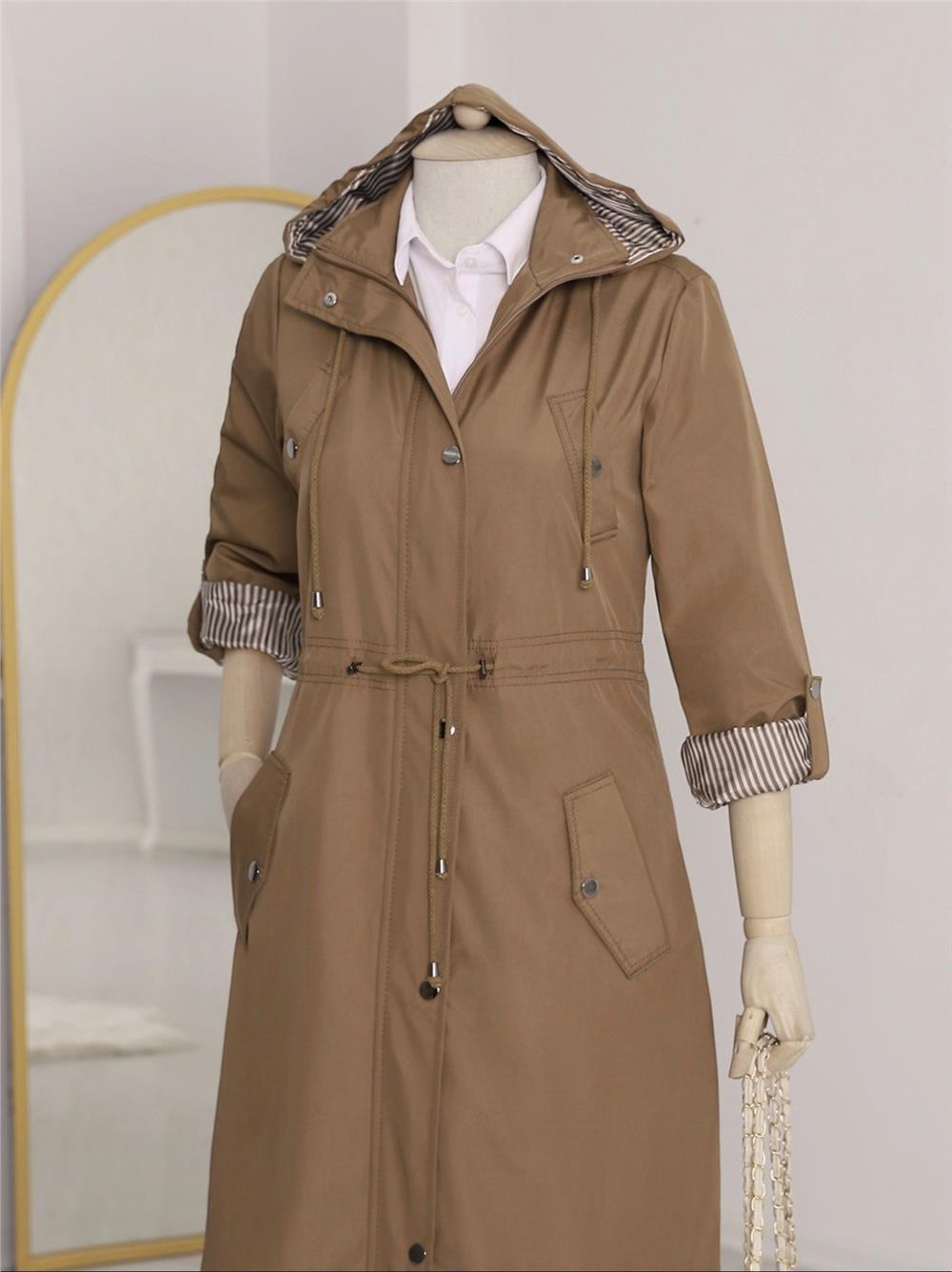 Astarı Çizgili Trençkot        -Taba-148-2181-R12