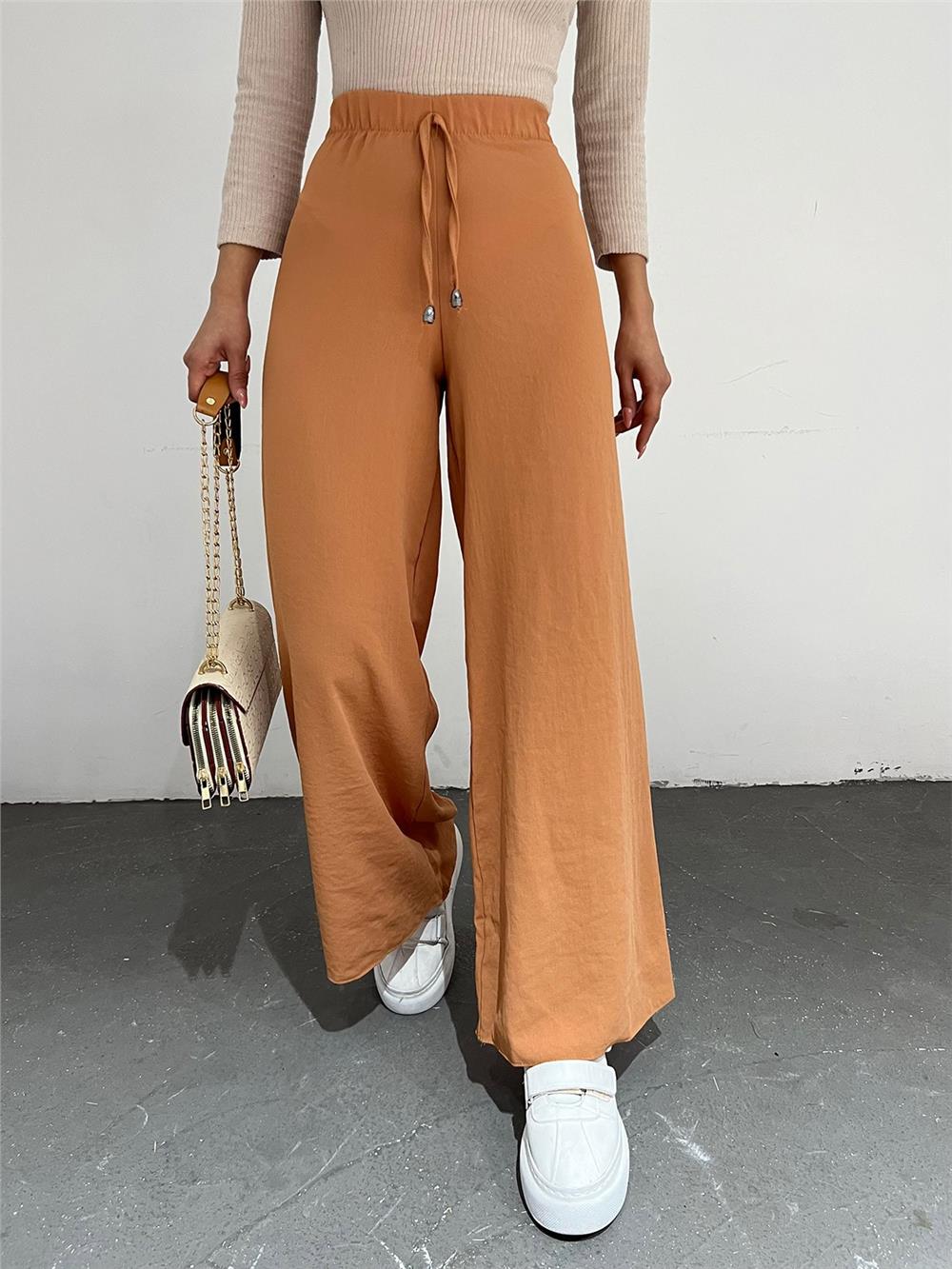 Wide Leg Elastic Waist Trousers with Lacing Detail -Apricot Color-326-0799-R60