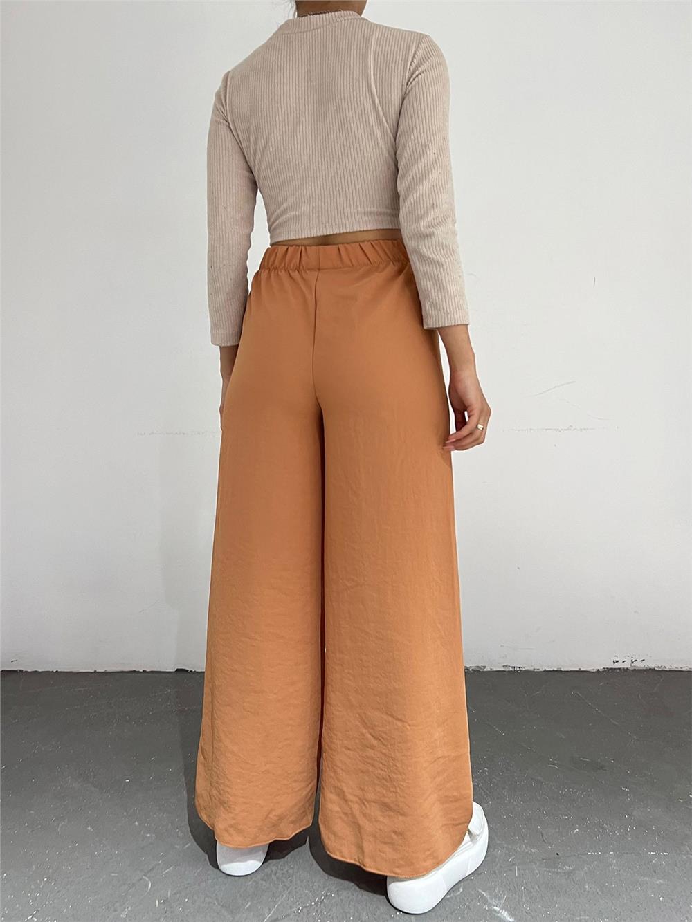 Wide Leg Elastic Waist Trousers with Lacing Detail -Apricot Color-326-0799-R60