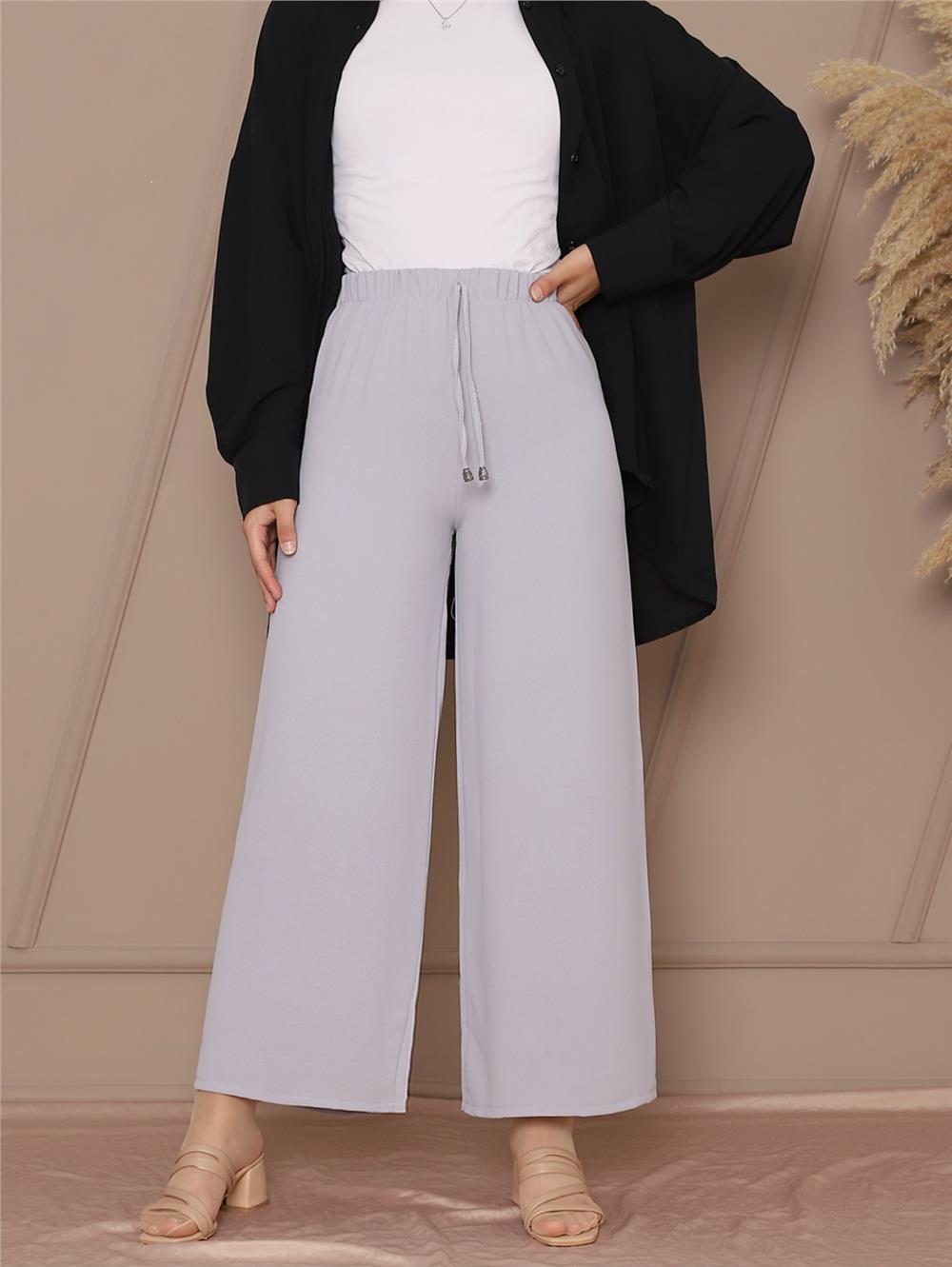 Lace Detailed Wide Leg Elastic Waist Trousers - Gray-326-0799-R11