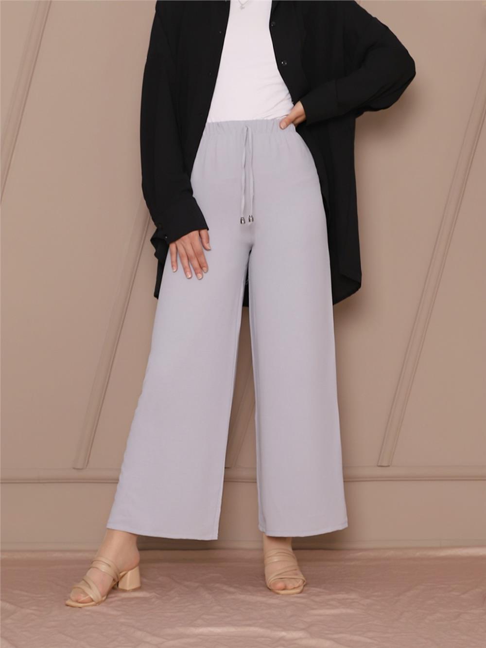 Lace Detailed Wide Leg Elastic Waist Trousers - Gray-326-0799-R11