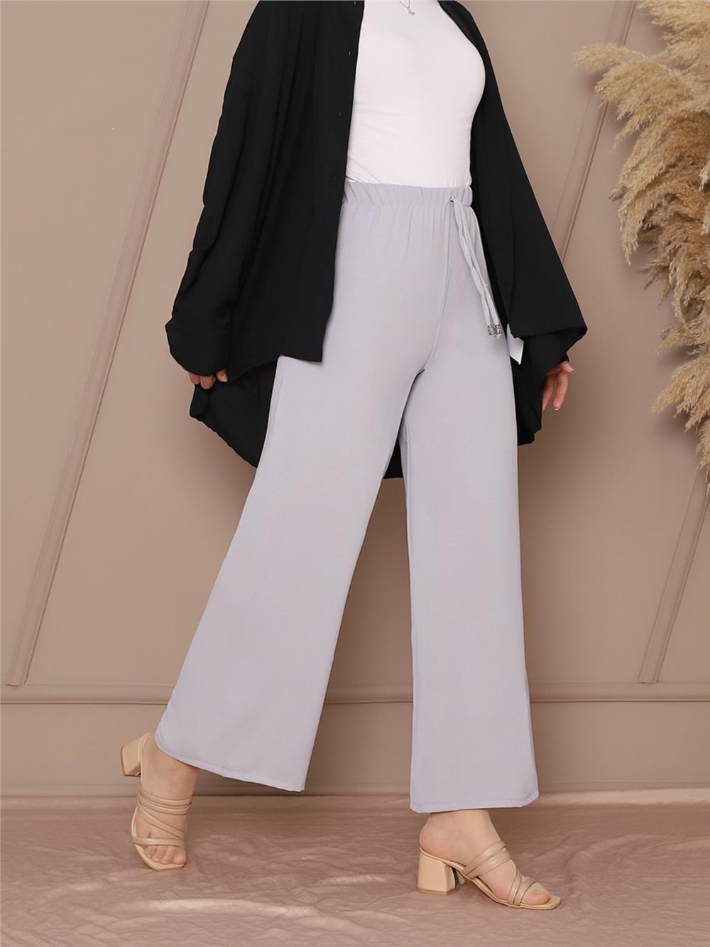 Lace Detailed Wide Leg Elastic Waist Trousers - Gray-326-0799-R11