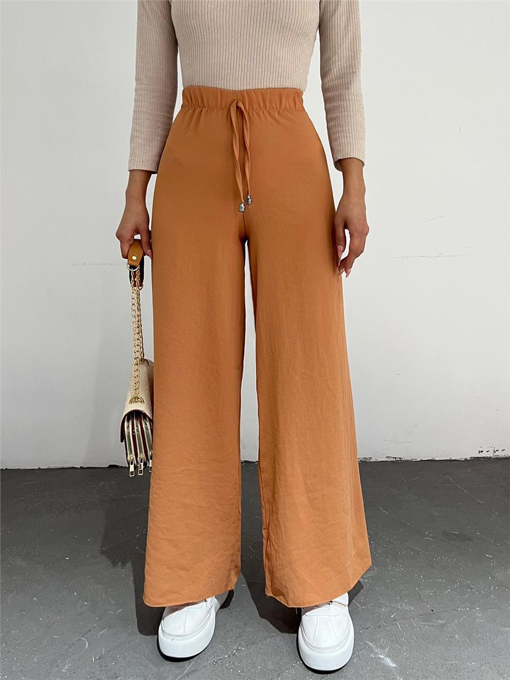 Wide Leg Elastic Waist Trousers with Lacing Detail -Apricot Color-326-0799-R60