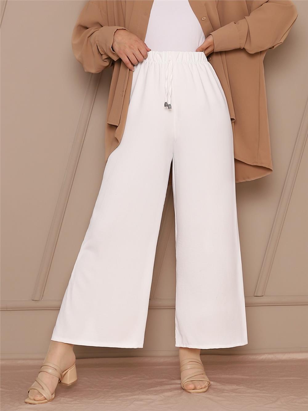 Lace Detailed Wide Leg Elastic Waist Trousers -White-326-0799-R02