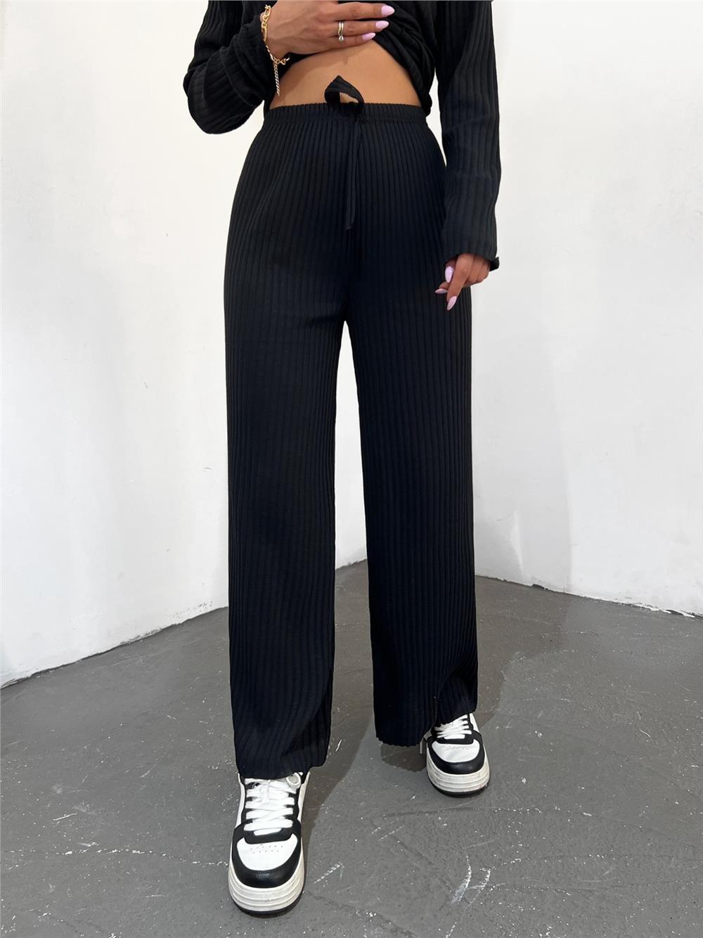 Lace Detail Loose Ribbed Trousers -Black-136-10019-R01