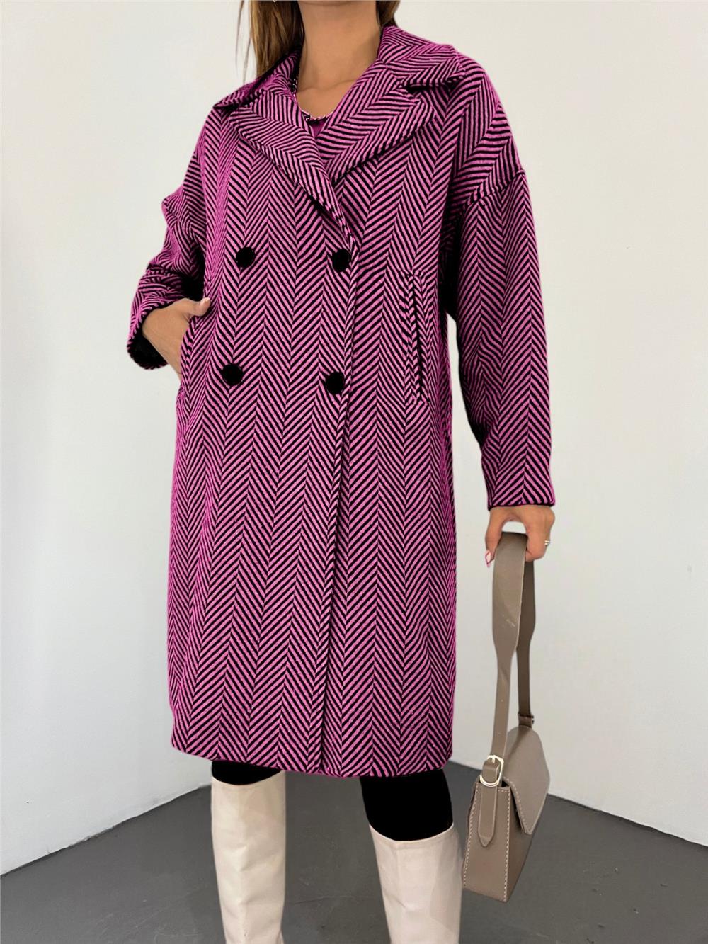 Herringbone Pattern Pocket Stamped Cape - Fuchsia-317-2306-R14