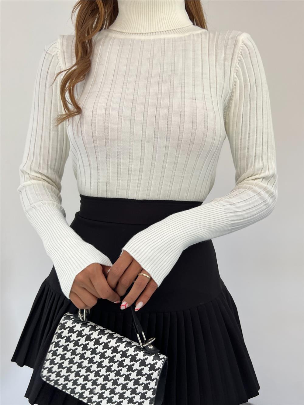 Turtleneck Ribbed Knitwear Sweater -White-109-9299-R02