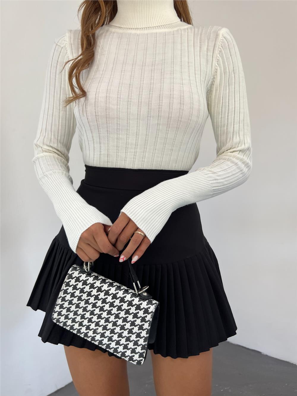 Turtleneck Ribbed Knitwear Sweater -White-109-9299-R02