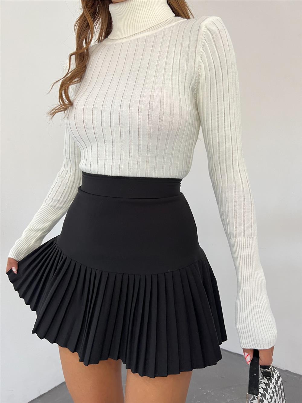 Turtleneck Ribbed Knitwear Sweater -White-109-9299-R02