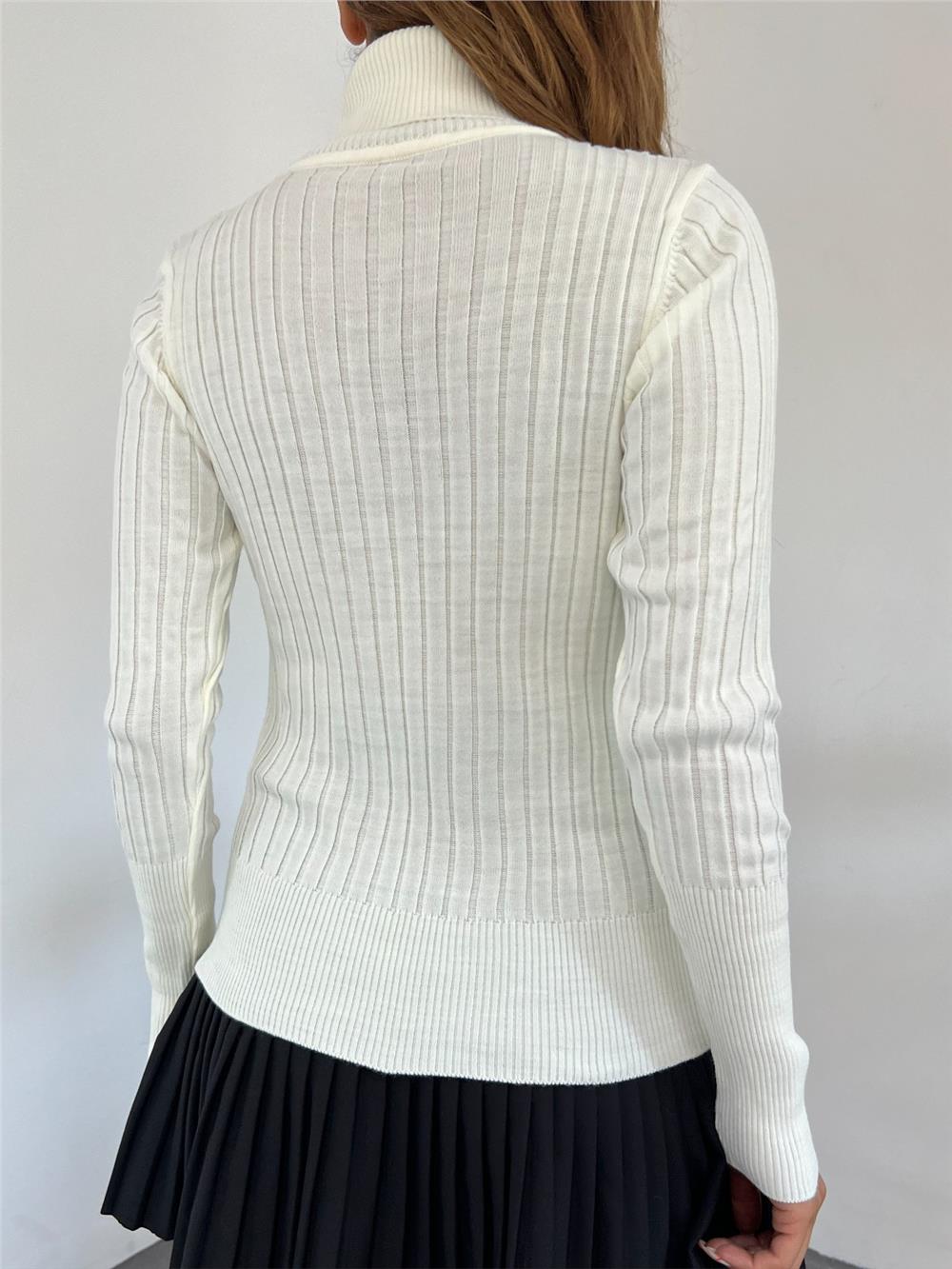 Turtleneck Ribbed Knitwear Sweater -White-109-9299-R02