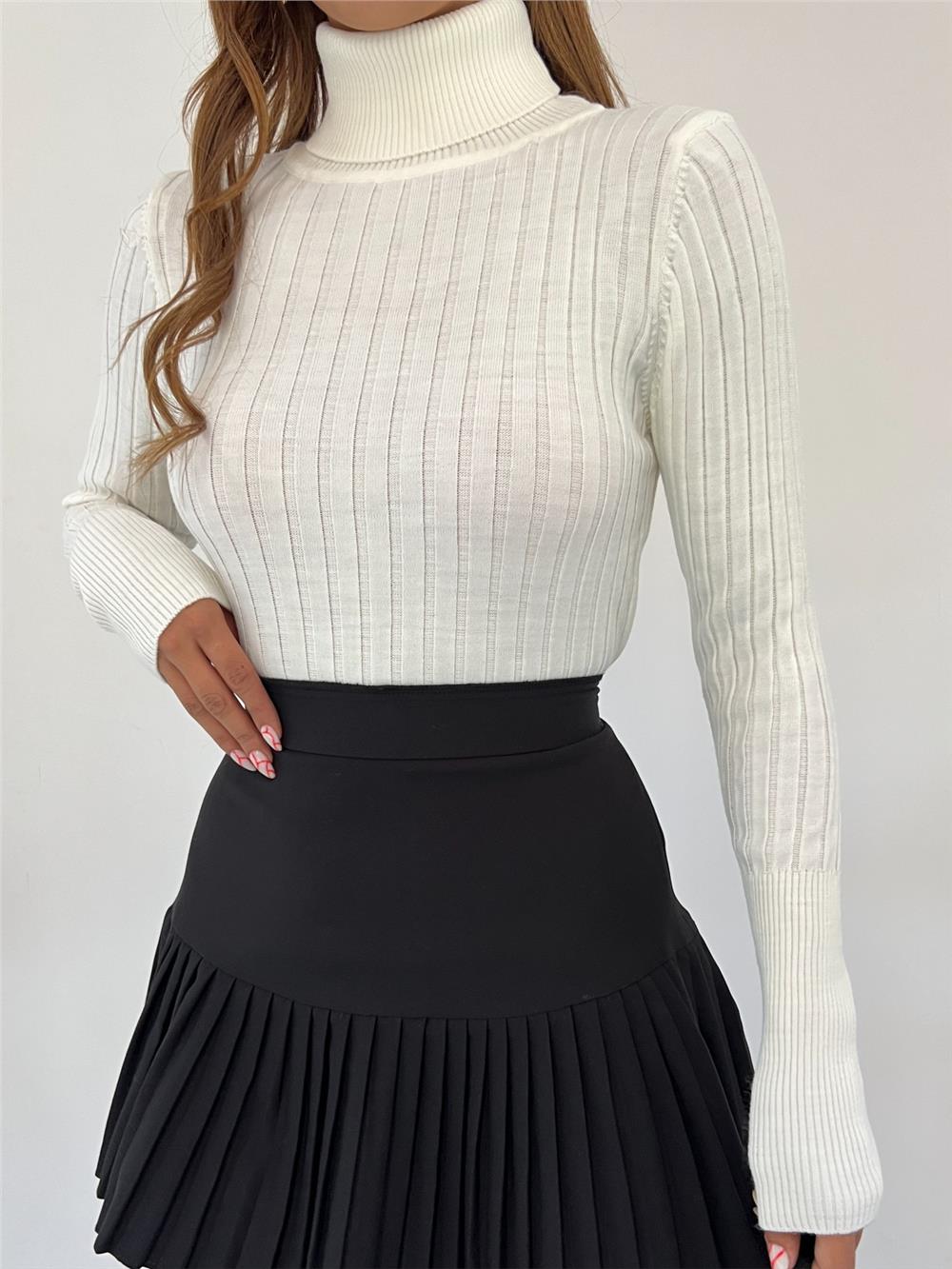 Turtleneck Ribbed Knitwear Sweater -White-109-9299-R02