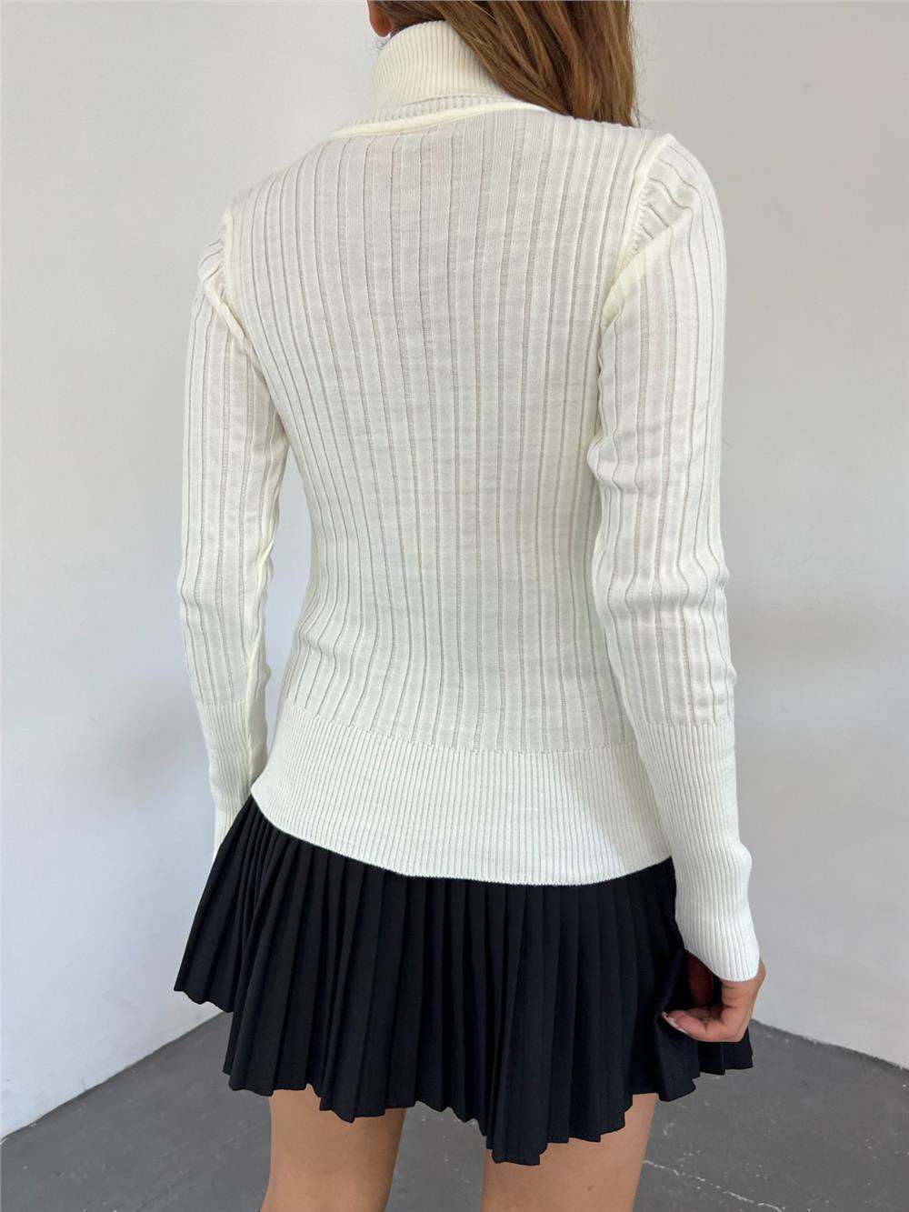 Turtleneck Ribbed Knitwear Sweater -White-109-9299-R02