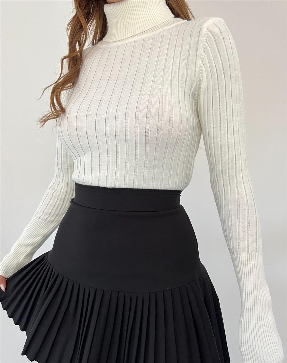 Turtleneck Ribbed Knitwear Sweater -White-109-9299-R02