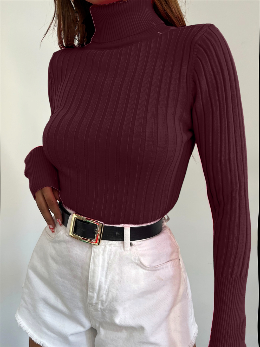 Turtleneck Ribbed Knitwear Sweater - Claret Red-109-9299-R04