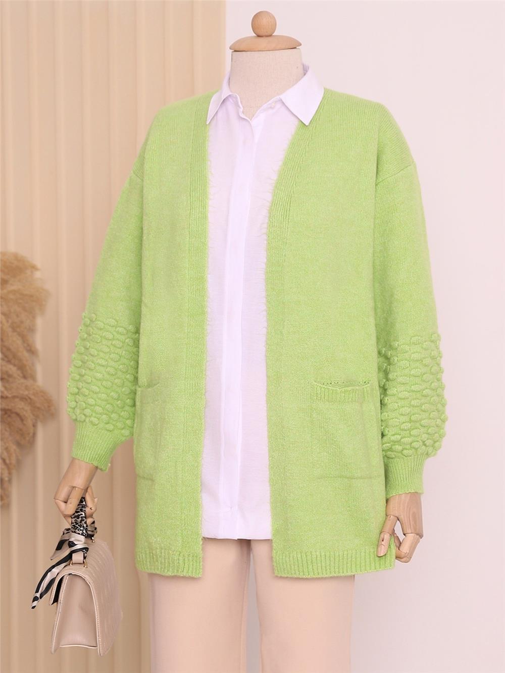 Balloon Sleeve Sleeve Pompom Pocket Cardigan -Pistachio Green-109-3722-R67