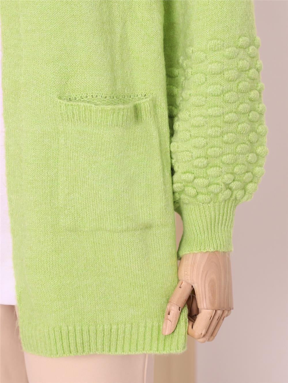 Balloon Sleeve Sleeve Pompom Pocket Cardigan -Pistachio Green-109-3722-R67