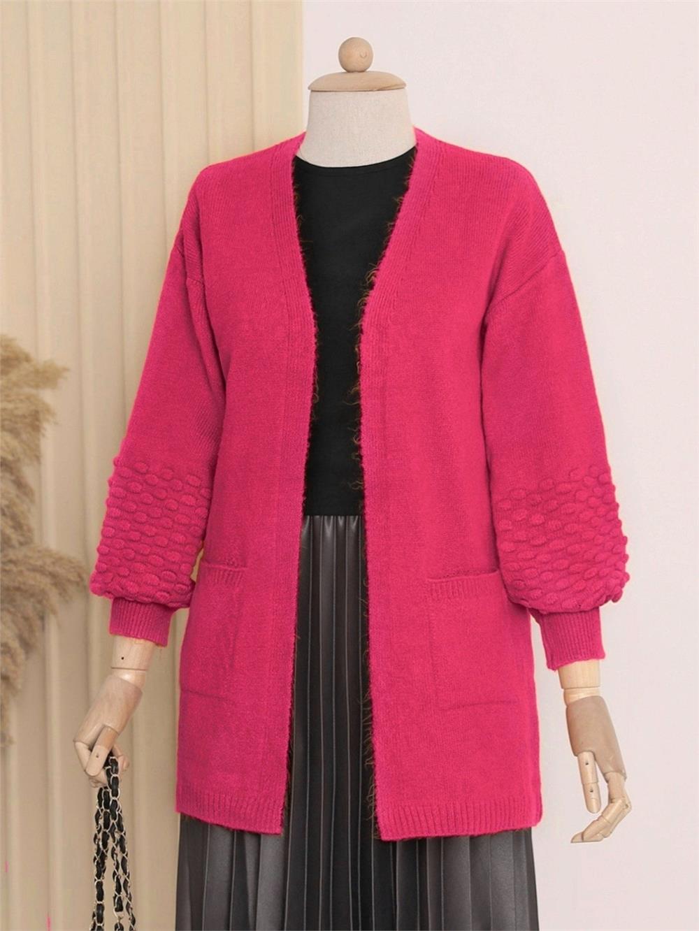 Balloon Sleeve Sleeve Pompom Pocket Cardigan -Fuchsia-109-3722-R14