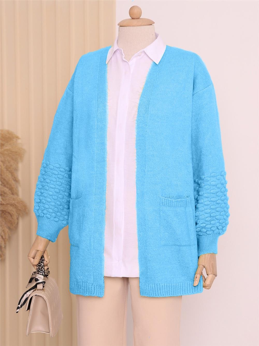 Balloon Sleeve Pompom Pocket Cardigan -Turquoise-109-3722-R19