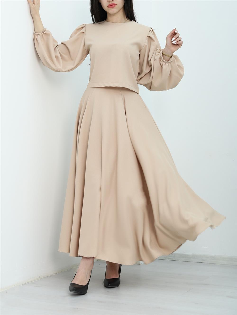 Balloon Sleeve Crepe Blouse Skirt Set -Beige-253-12899-R56