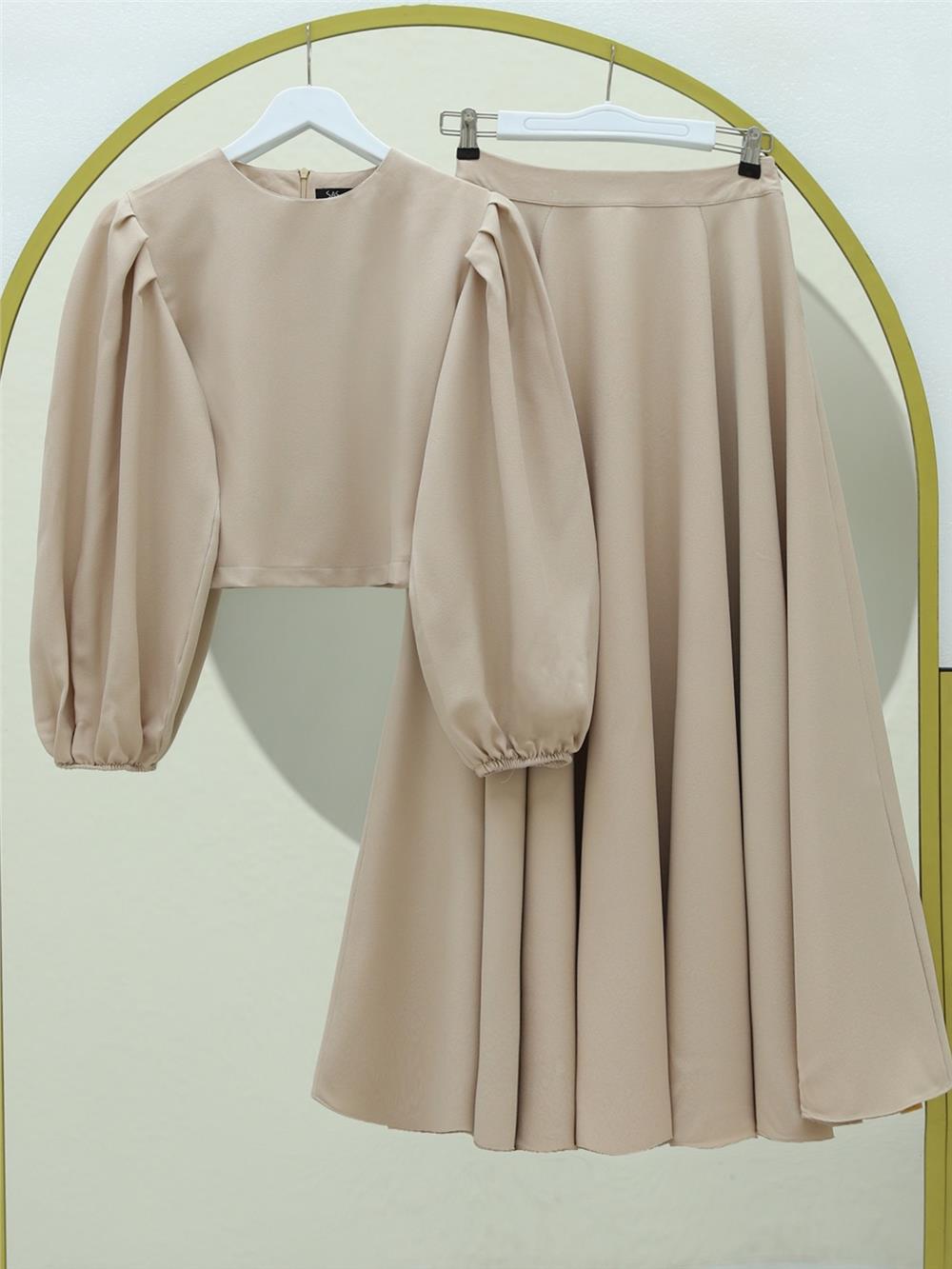 Balloon Sleeve Crepe Blouse Skirt Set -Beige-253-12899-R56
