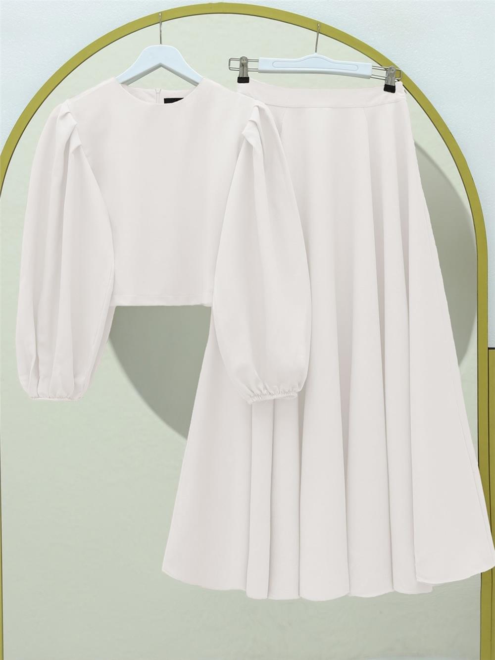 Balloon Sleeve Crepe Blouse Skirt Set -White-253-12899-R02