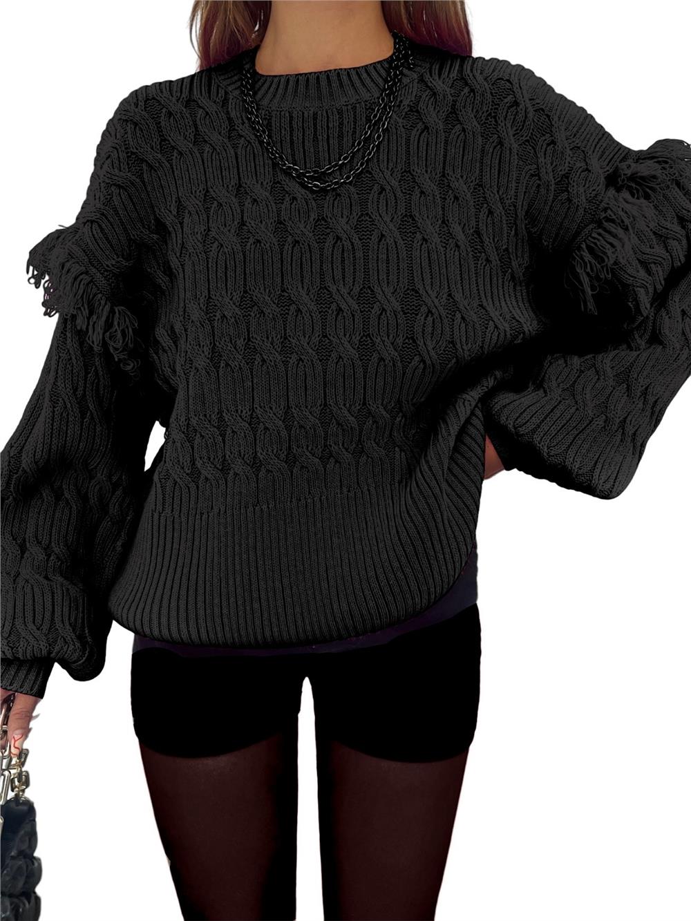 Balloon Sleeve Tassel Knitwear Sweater - Black-351-5244-R01