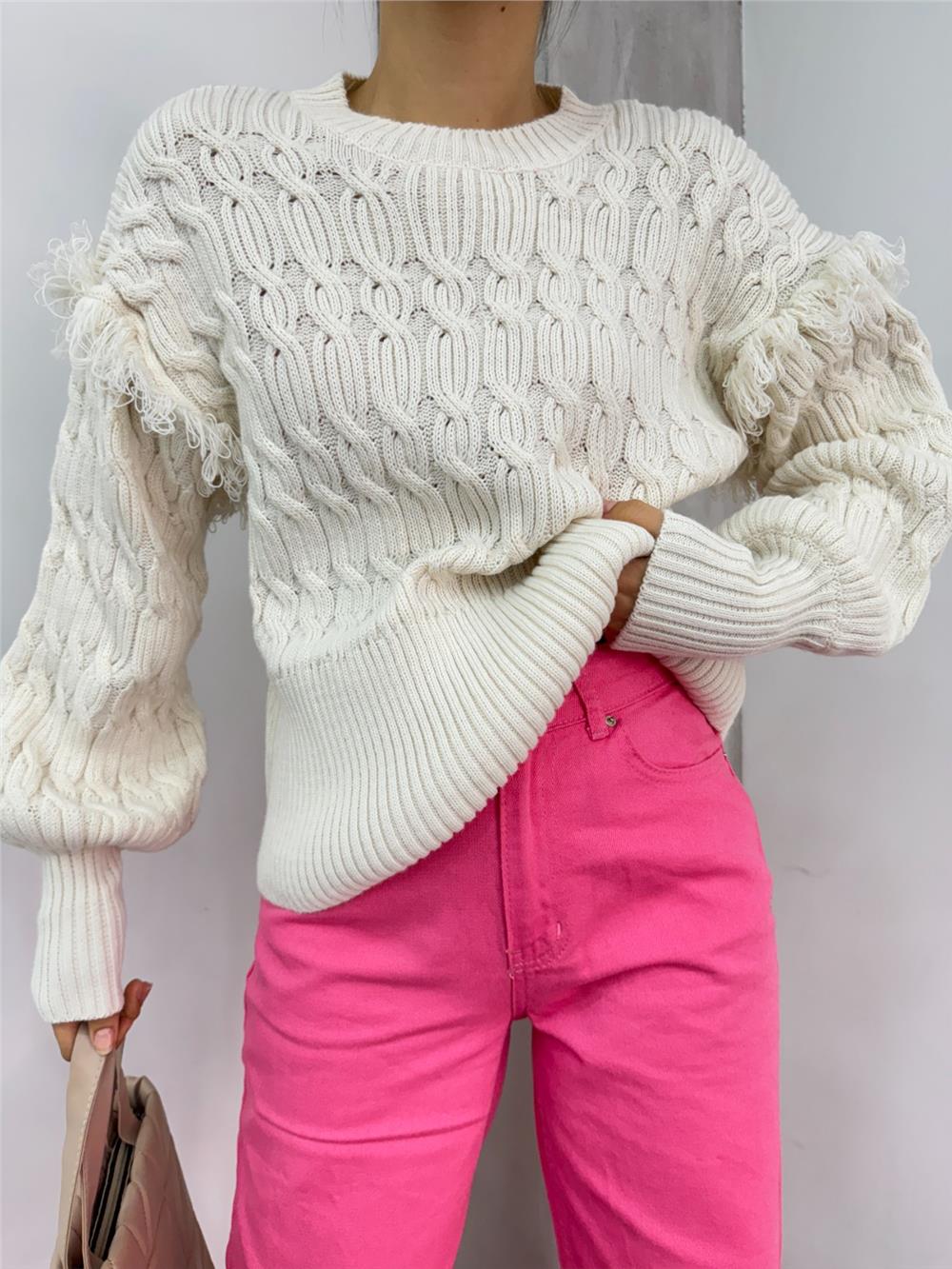 Balloon Sleeve Tassel Knitwear Sweater - Stone-351-5244-R43