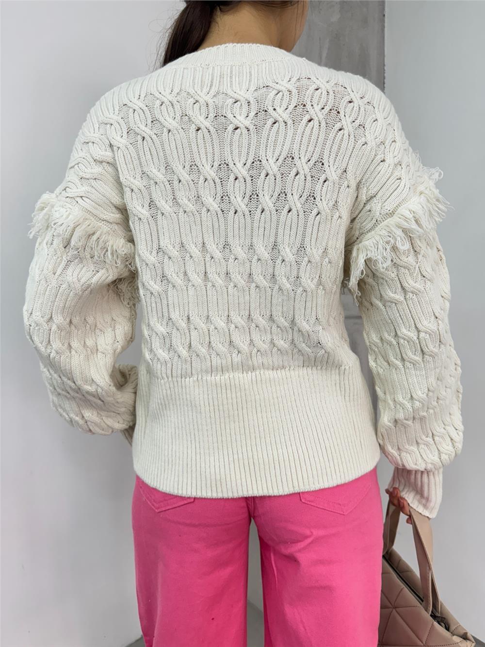 Balloon Sleeve Tassel Knitwear Sweater - Stone-351-5244-R43
