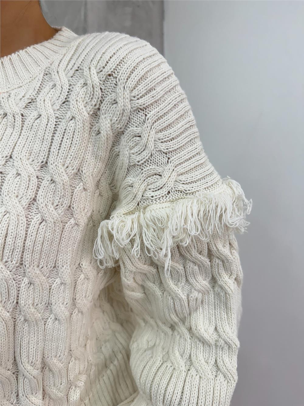 Balloon Sleeve Tassel Knitwear Sweater - Stone-351-5244-R43